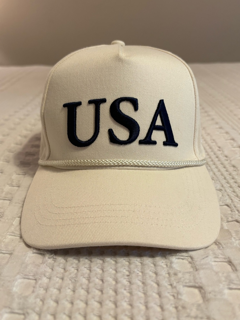 USA Embroidered Cap - Natural White with Navy Letters